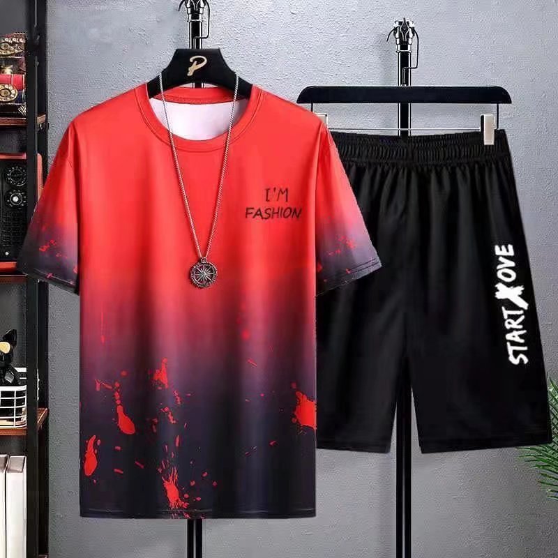 Men's Leisure Sports Set 2022 Summer New Style Handsome Paired with Shorts Korean Large Loose Ice Silk Short Sleeve