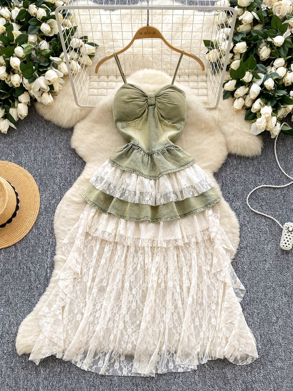 French retro camisole dress, women's summer denim patchwork mesh embroidery, unique and beautiful temperament, super fairy long skirt