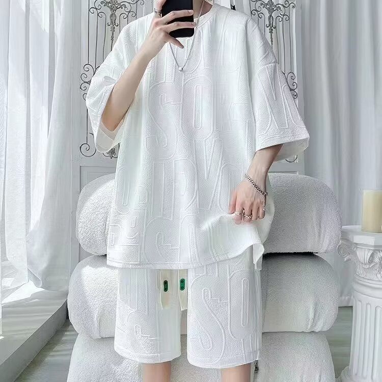 Shirt less clothing summer new three-dimensional letter jacquard suit men's salt casual sports five piece pants two-piece set