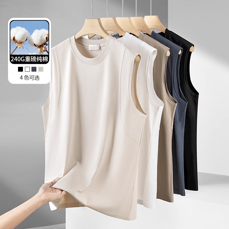 Shirt less clothing short sleeved men's T-shirt men's summer new item pure cotton ice silk 220g solid color loose sleeveless camisole