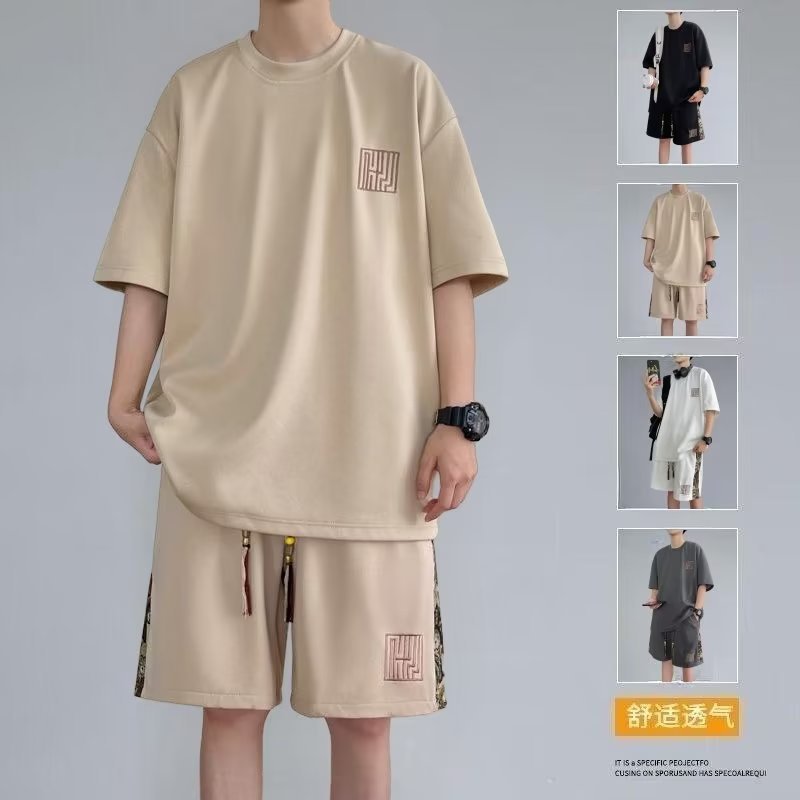 Men's summer short sleeved T-shirt, basketball jacket, casual shorts two-piece set with less clothing and sportswear