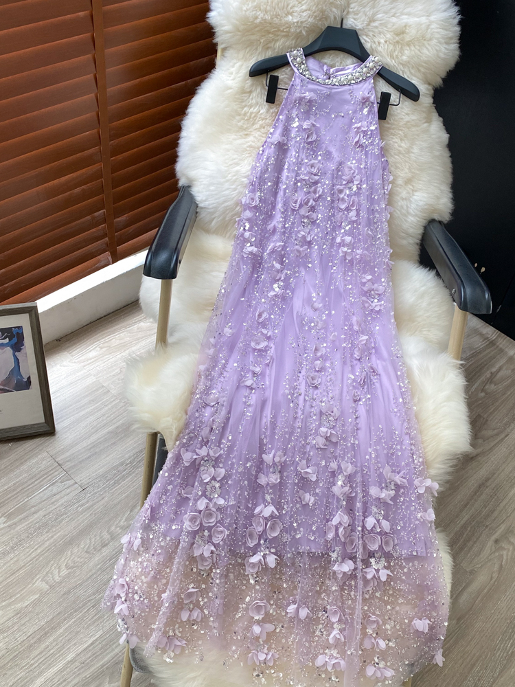 French luxury heavy industry diamond inlaid hanging neck sleeveless three-dimensional flower sequin sparkling mesh dress for socialite dress