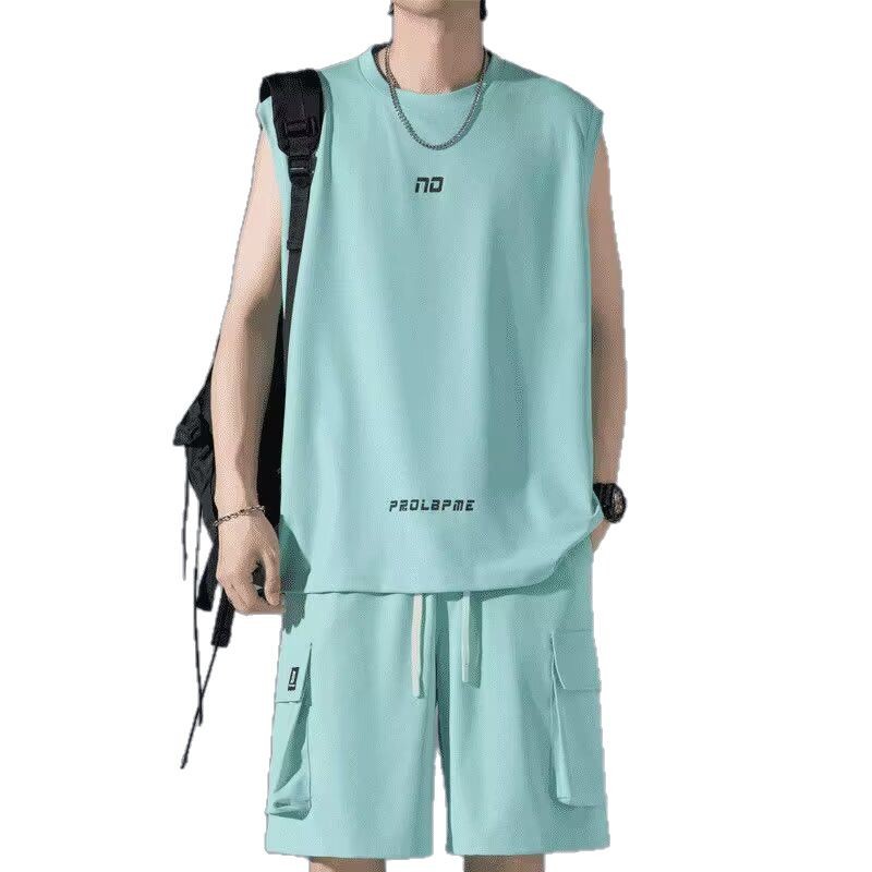 Men's summer sleeveless T-shirt, basketball jacket, Korean style trendy casual shorts two-piece set with less clothing and sportswear