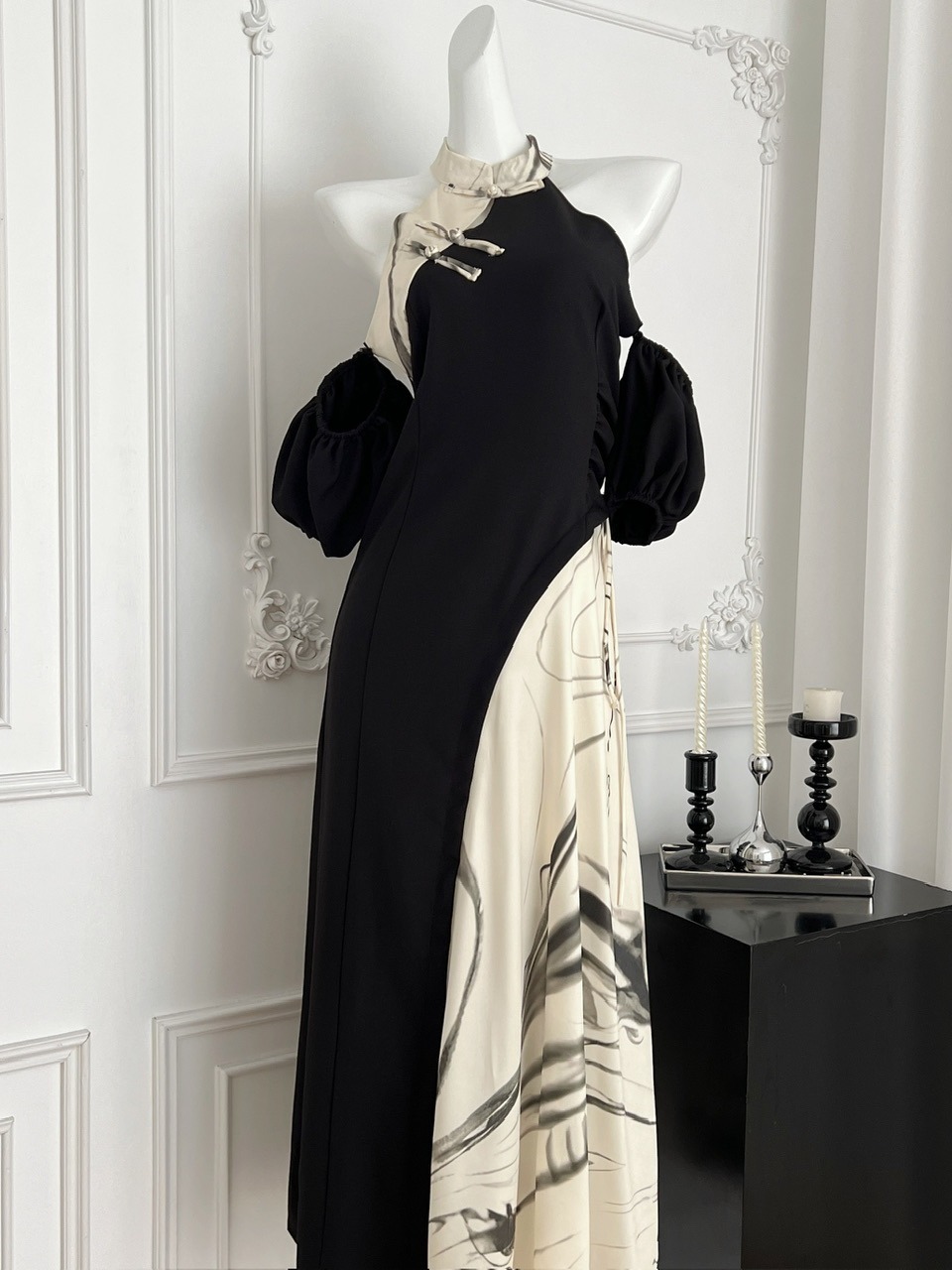 New Chinese Style China-Chic Style Bubble Sleeve Dress for Female Xia Sexy Collar Splicing Ink Painting Design Beautiful Long Dress
