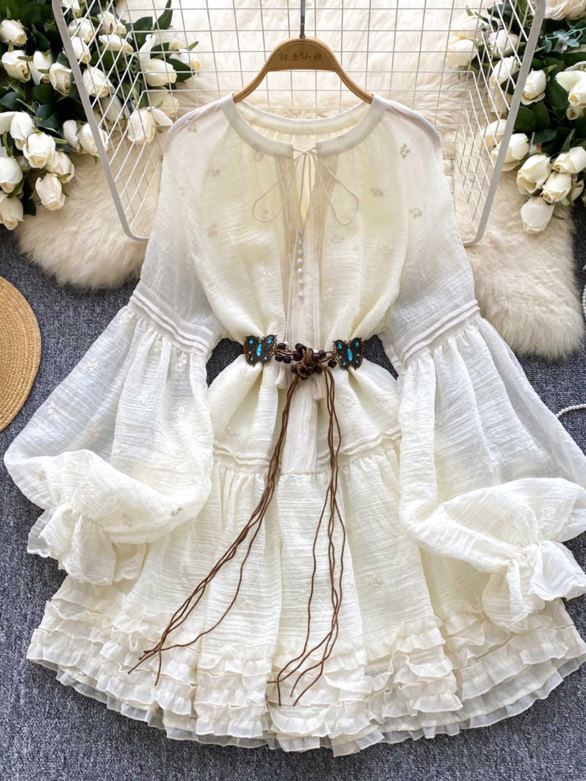 French court style fairy dress, sweet embroidered lace up, waist cinched lantern sleeves, ruffled edge vacation fluffy skirt