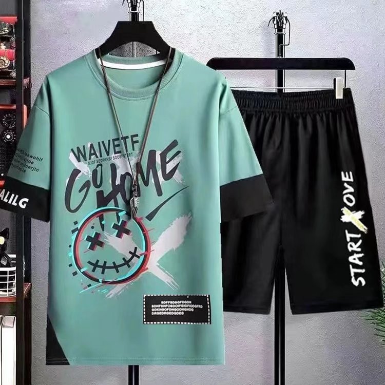 Shirt less clothing short sleeved shorts set Korean version spring and autumn new item graffiti personality fashion street trend five quarter sleeve top