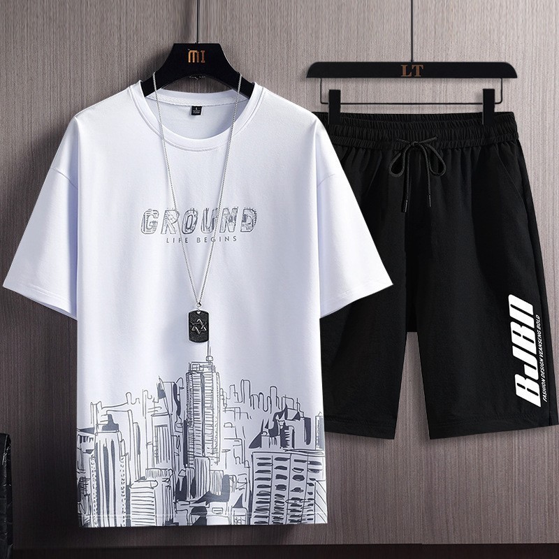 Shirt less clothing short sleeved suit men's summer Korean version new fashion trend printed shorts youth two-piece set