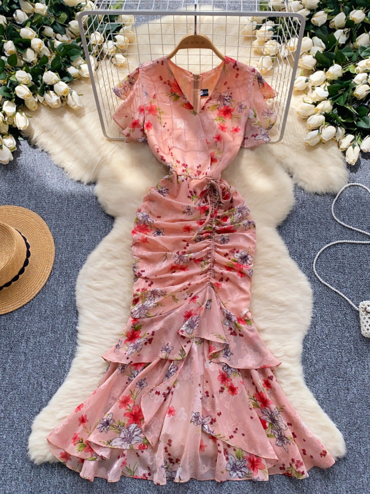 High Cold Queen Goddess Style Dress Heart Machine Drawn Fold Strap Waist Irregular Floral Chiffon Tail Dress Dress
