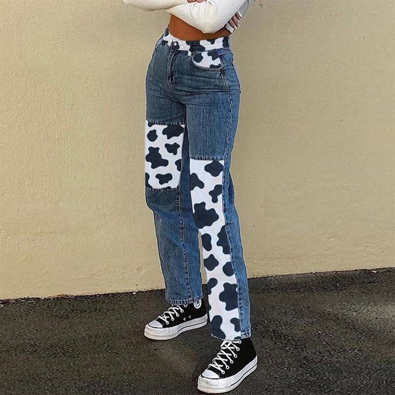 European and American style street jeans 2020 autumn foreign trade women's clothing new high waisted straight leg cow print splicing casual pants