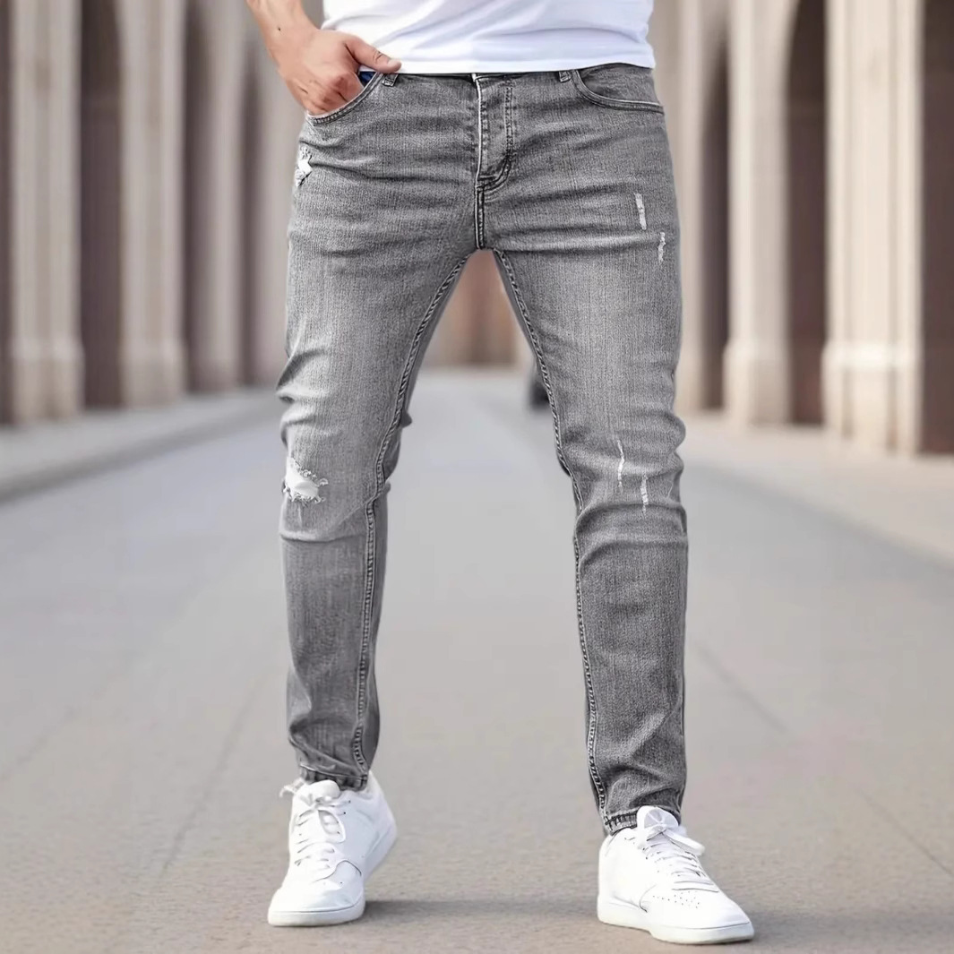 2024 men's simple solid color tight pocket jeans Amazon men's casual small leg denim pants