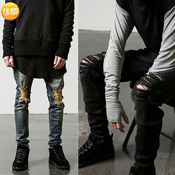 European and American high street fashion brand knee big damage pure black washed old slim fit small foot elastic jeans for men