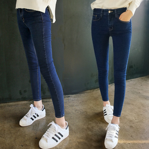 Solid color jeans for women in spring and autumn, slim fit, tight fit, medium high waist, small feet, elastic cropped pants, trendy wholesale