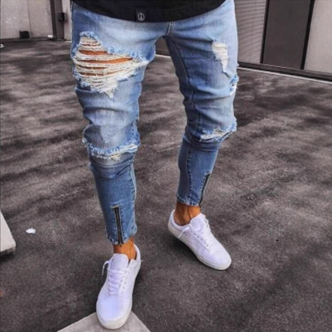 European and American badge men's jeans trend knee hole zipper small leg pants hole slim fit men's denim pants