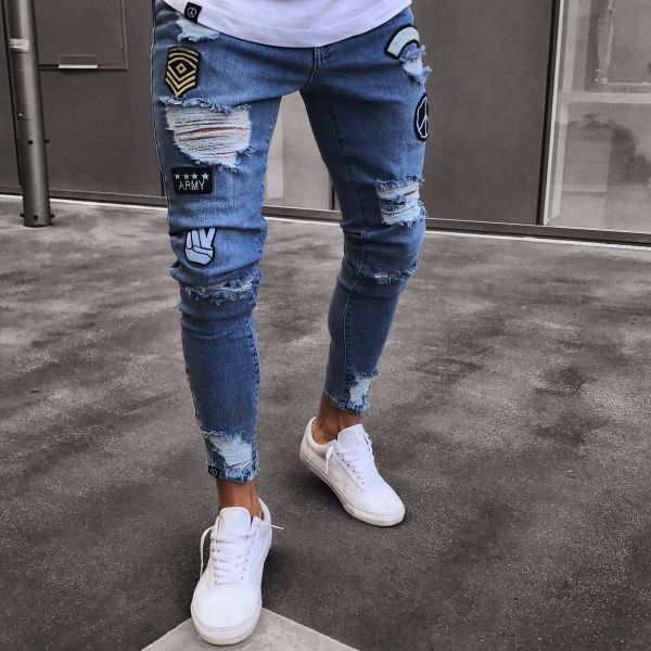 New European and American style jeans for men are hot selling. Cross border denim knee hole zipper men's denim pants