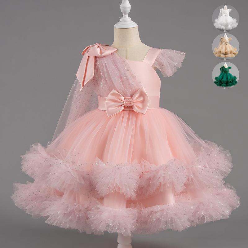 Cross border girl's first year dress, summer dress, flower girl layered cake, princess dress, children's birthday wedding performance costume
