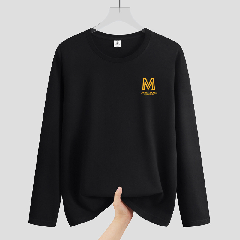 Heavy duty pure cotton round neck long sleeved T-shirt for men's autumn new trend, loose and casual, student inner top, base shirt ins