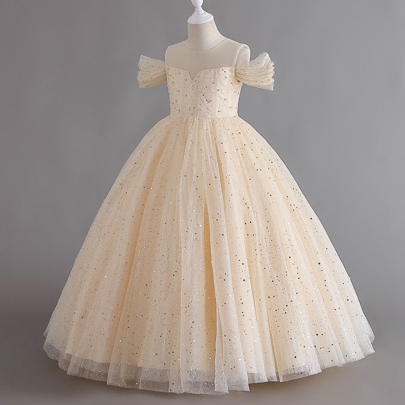 Cross border girls' high-end dresses, off shoulder dresses, children's fluffy gauze princess dresses, runway shows, piano performances, evening dresses