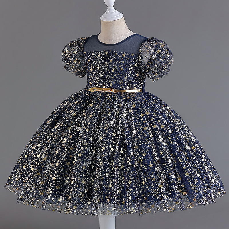 New Foreign Trade Children's Puff Skirt with sequins Wedding Dress for Girls and Babies One Year Old Bubble Sleeve Dress Performance Dress