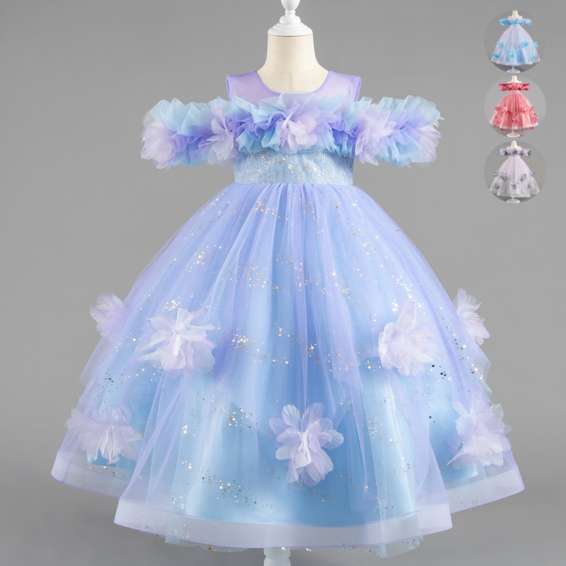 Foreign trade new girls' gradient dress princess dress children's one shoulder long dress flower girl wedding dress cross-border