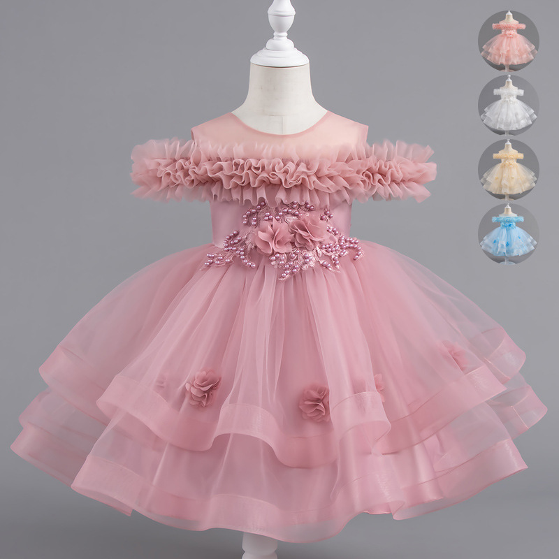European and American baby girl's one year old dress, summer dress, flower girl's one shoulder wedding dress, fluffy princess dress, children's performance dress