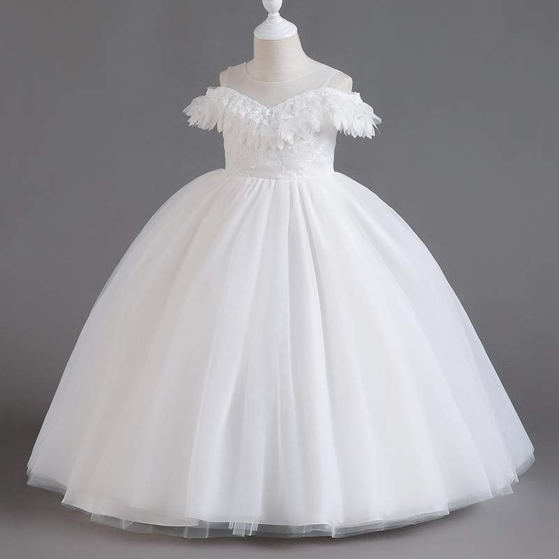 Cross border girls' off shoulder long dress, European and American children's princess dress, fluffy gauze runway piano performance outfit