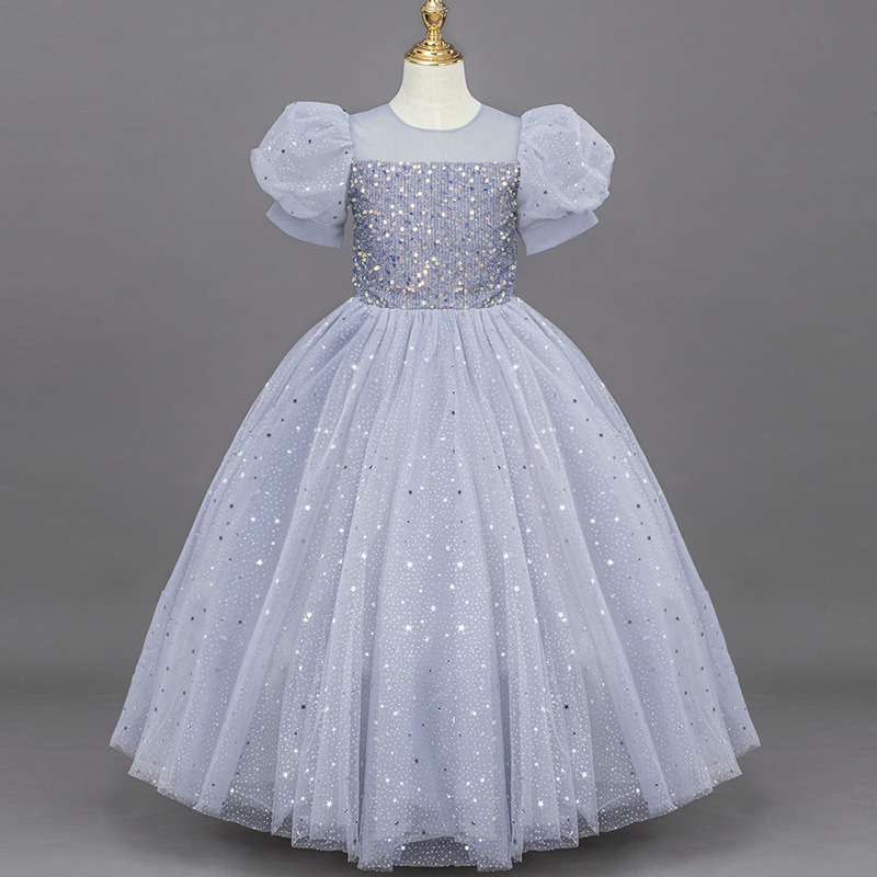European and American girls' wedding dresses with bubble sleeves, long dresses, flower girl princess dresses, girls' runway shows, piano performances, evening gowns