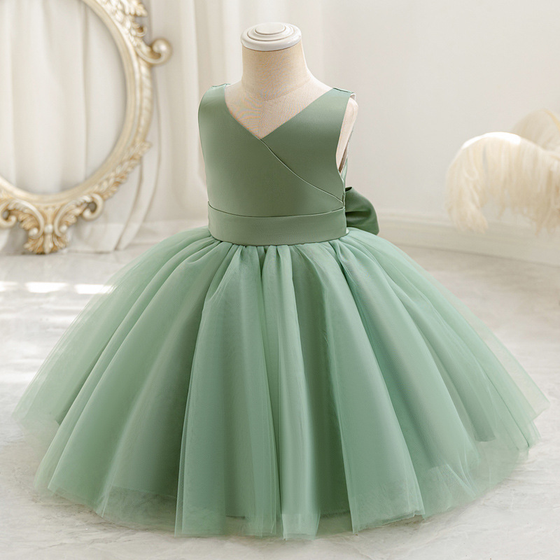 Cross border baby girl one year old mesh dress princess dress summer dress flower girl V-neck wedding dress bow fluffy dress