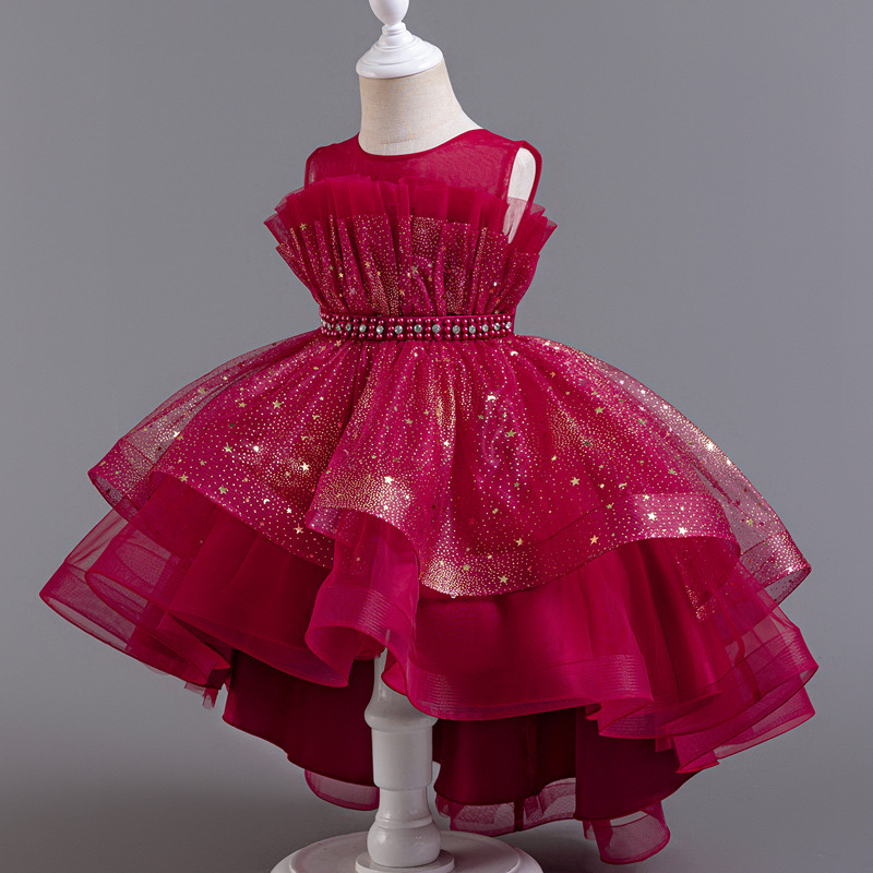 Cross border children's dress, princess dress, western-style sleeveless fluffy veil trailing dress, girls' piano runway performance costume