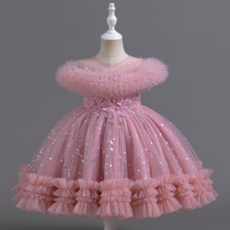 Girl's fluffy dress, summer European and American flower girl wedding dress, princess dress, girl's birthday piano performance dress, dress