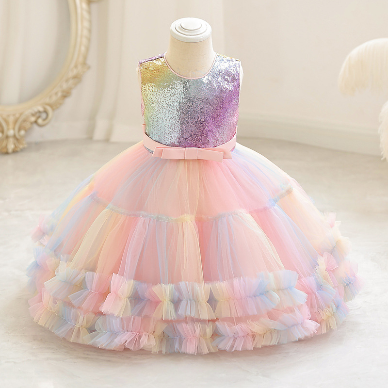 New children's dress, flower girl rainbow fluffy costume, sand princess dress, girls' runway show piano performance costume, cross-border