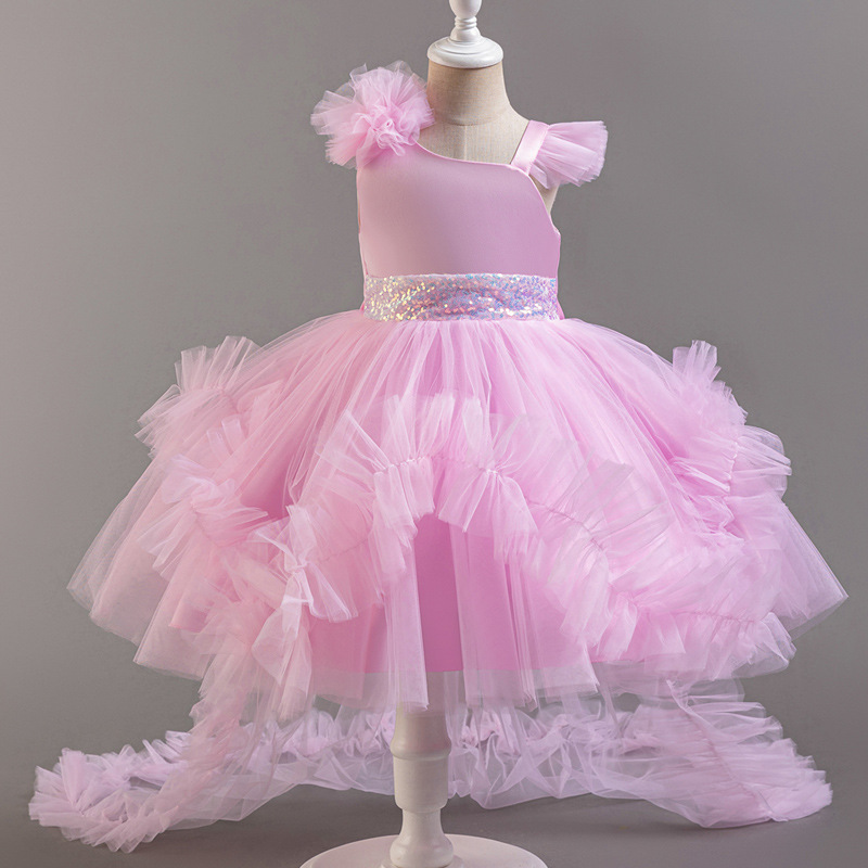 Amazon hot selling girls' detachable trailing fluffy veil dress, stylish baby girl runway performance dress