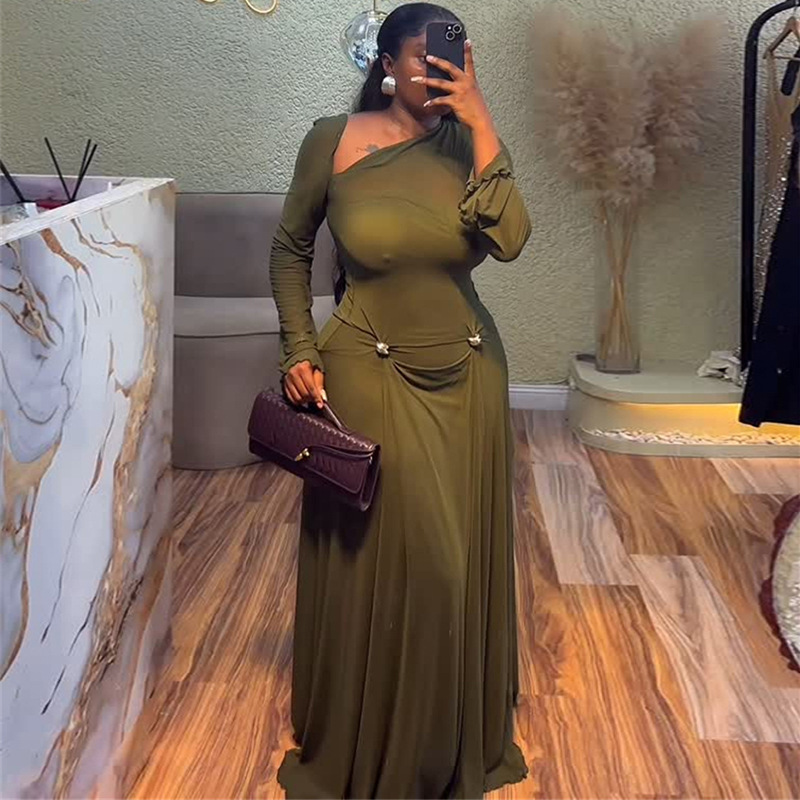 European and American cross-border women's clothing 2025 summer new style, high-end temperament, slanted collar slim fit design, long dress