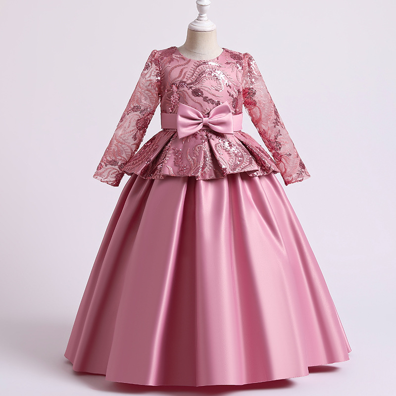 Satin bow girls' dress, printed lace embroidery princess dress, host's long dress, piano performance dress
