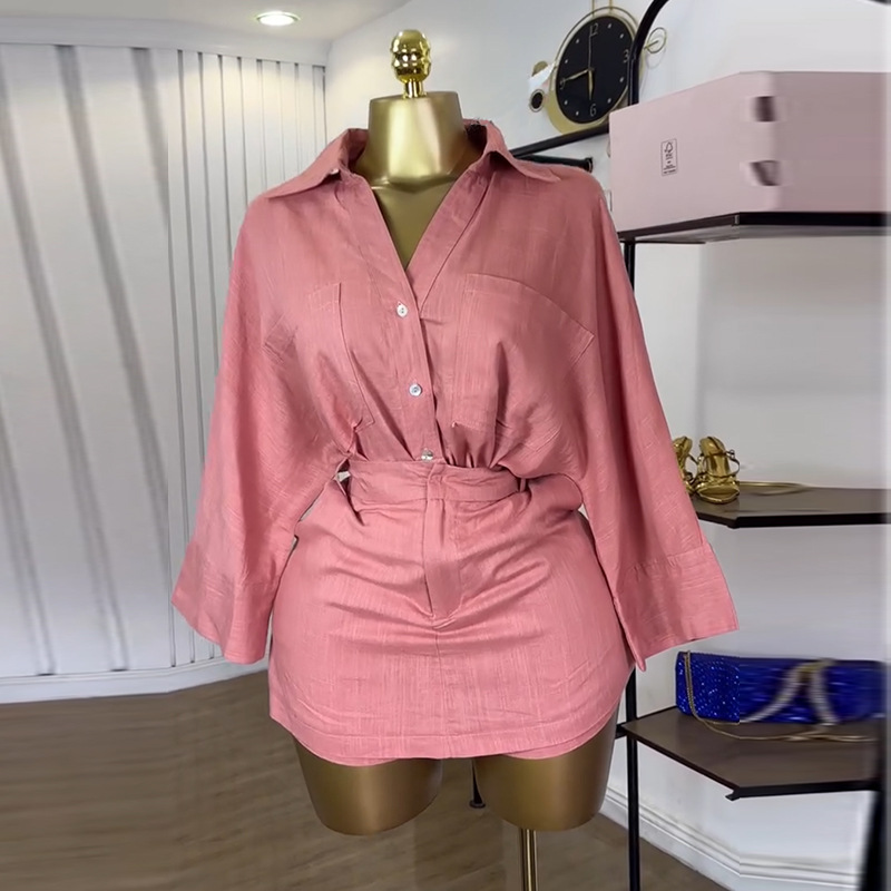 European and American women's clothing 2025 summer new sweet and fresh collar bat sleeve shirt high waist half body pants skirt two-piece set