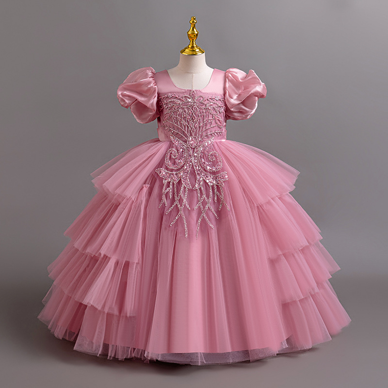 Irregular Bubble Sleeve Dress for Girls, Princess Flower Girl Wedding Dress, Children's High end Performance Level Cake Performance Dress