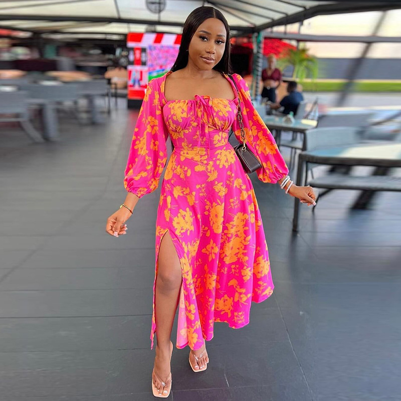 European and American Cross border Women's 2024 Spring New Small Fresh Sweet Square Collar Strap Waist Split Long Sleeve Dress