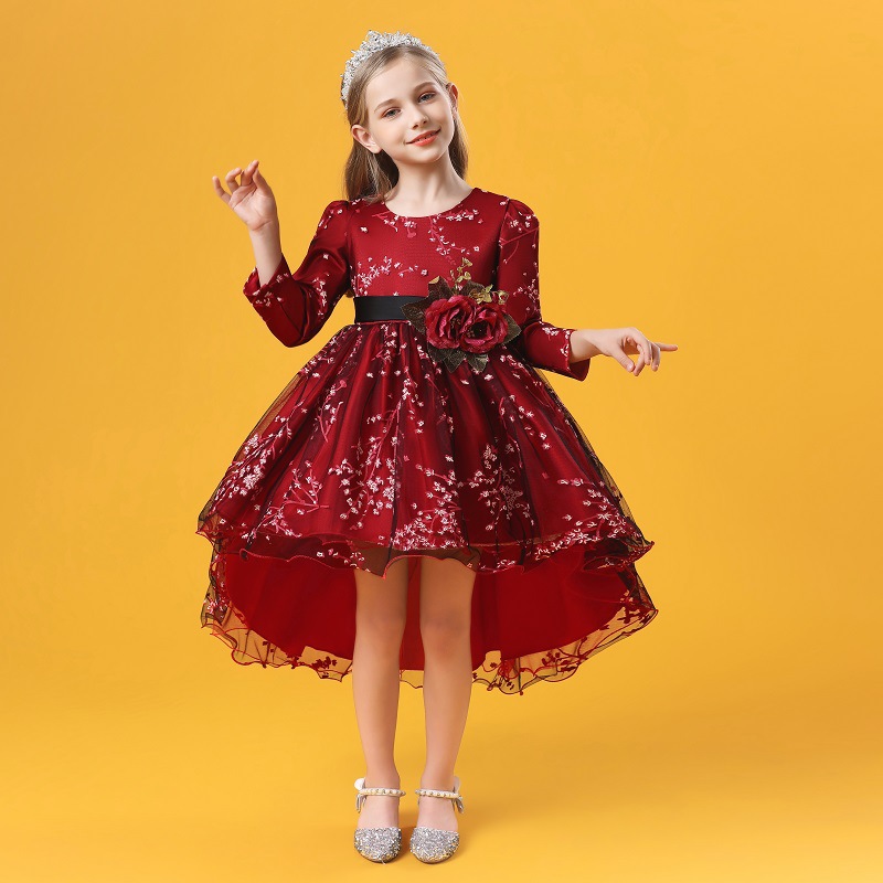 Luqi Beibei Girls' Long sleeved Dress with Tailed Flower Tail Dress Performance Dress Princess Dress Printed Puff Skirt