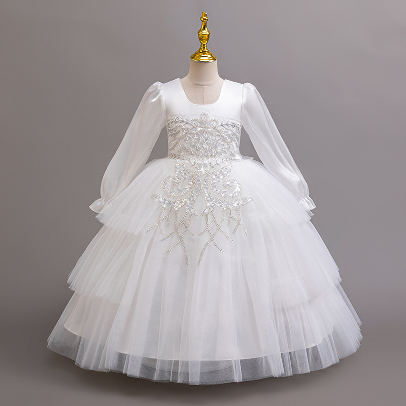 Handmade beaded long sleeved dress, princess dress, flower girl wedding dress, children's high-end performance multi-layer cake performance dress