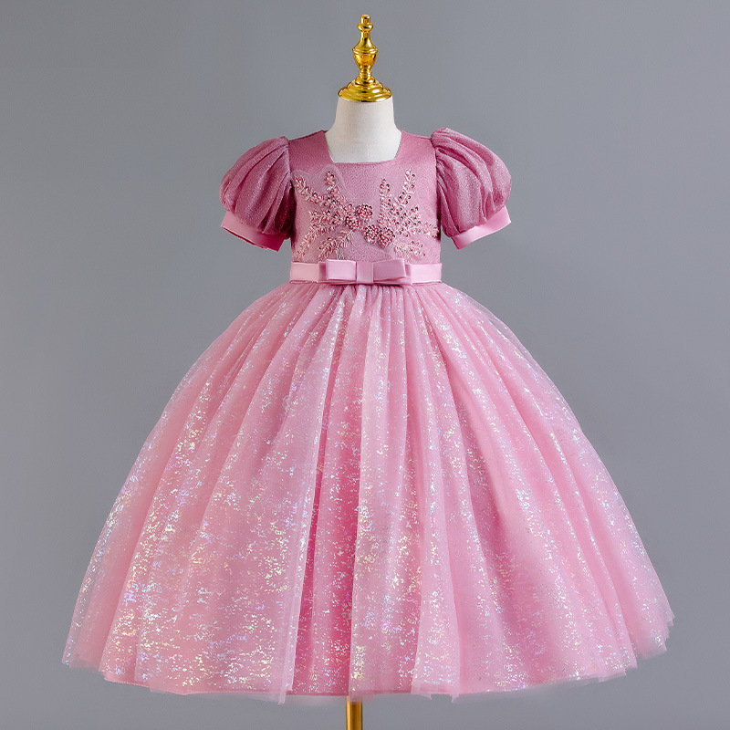 Girls' formal dress, long style, flower girl, Children's Day host, piano performance costume, sequin mesh, fluffy princess dress