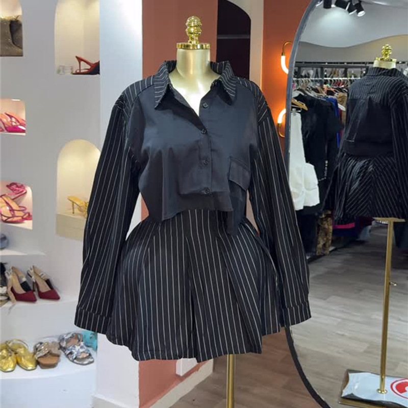 European and American cross-border women's clothing 2025 autumn new fashion design sense patchwork striped shirt A-line skirt set