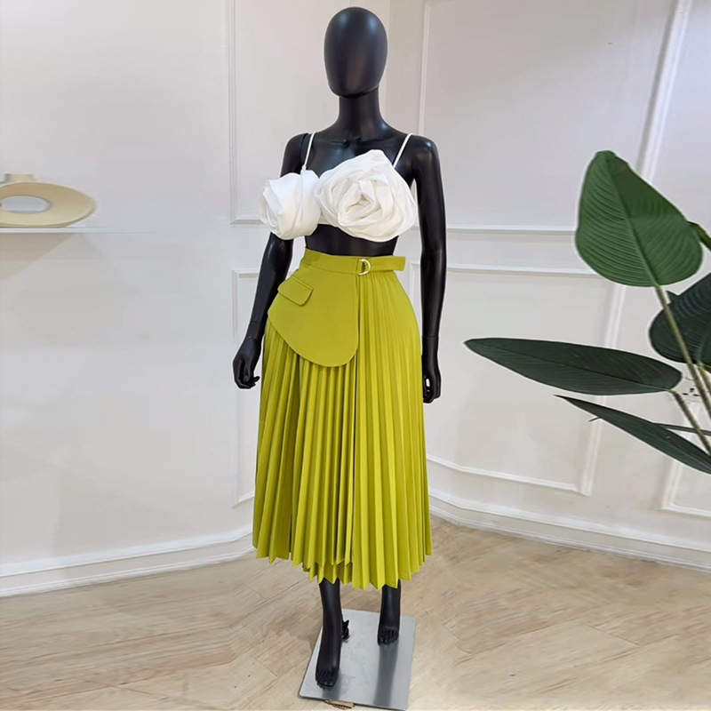 European and American Cross border Women's Clothing 2025 Summer New High Waist Irregular Lace pleated Skirt Medium to Long A-line Half length Skirt