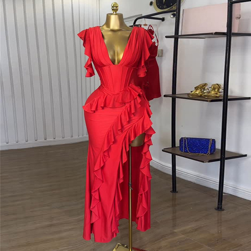 European and American cross-border women's clothing 2025 summer new style temperament V-neck ruffled top irregular skirt set