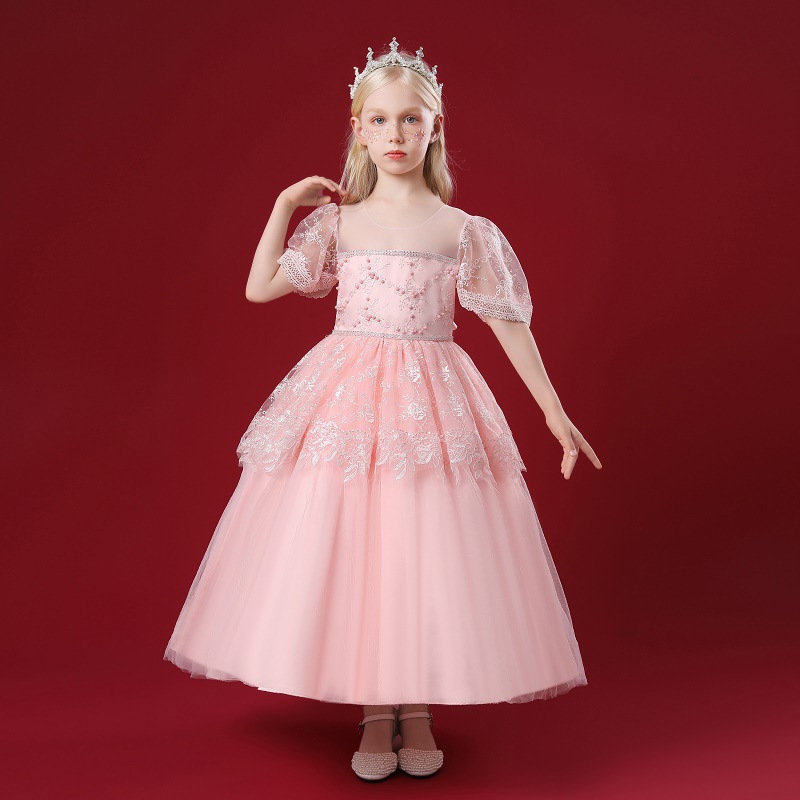 Heavy Industry Nail Bead Lace Embroidery High end Dress for Girls, Mesh Princess Dress, Piano Performance Host, Fashion Dress