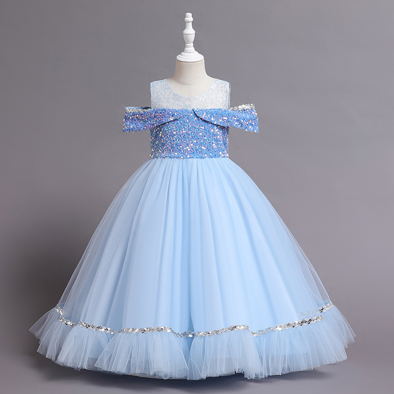 Girl's stylish evening dress, birthday children's princess dress, one shoulder fluffy gauze, flower girl host piano performance costume