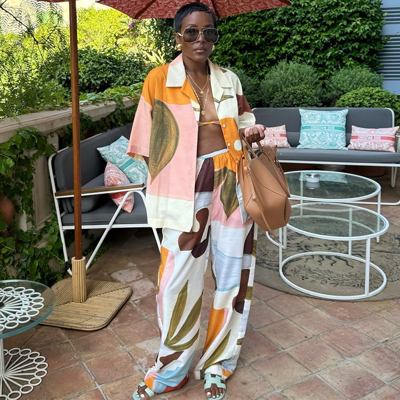 European and American Cross border Women's Clothing 2025 Summer New Fashion Collar Loose Printed Shirt Wide Leg Pants Casual Set