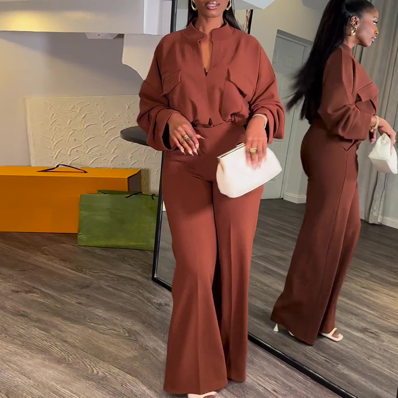 Spot cross-border European and American plus size women's clothing 2025 spring new casual V-neck long sleeved top wide leg pants set