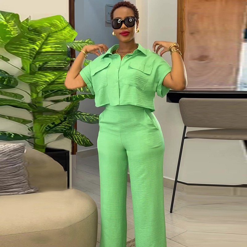 Spot cross-border European and American women's clothing 2025 spring new casual collar short sleeved shirt wide leg pants fashion set