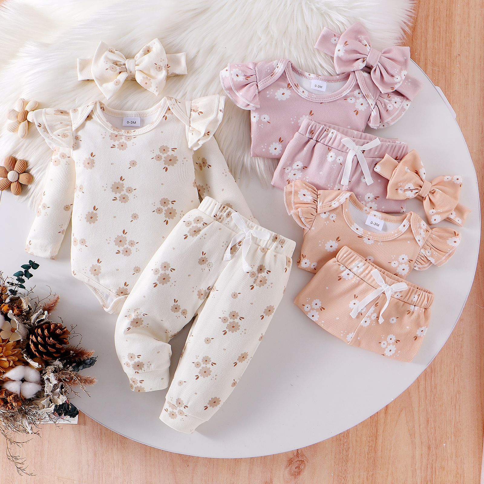 European and American new set of girls' baby long sleeved printed khaki pants head estimation set