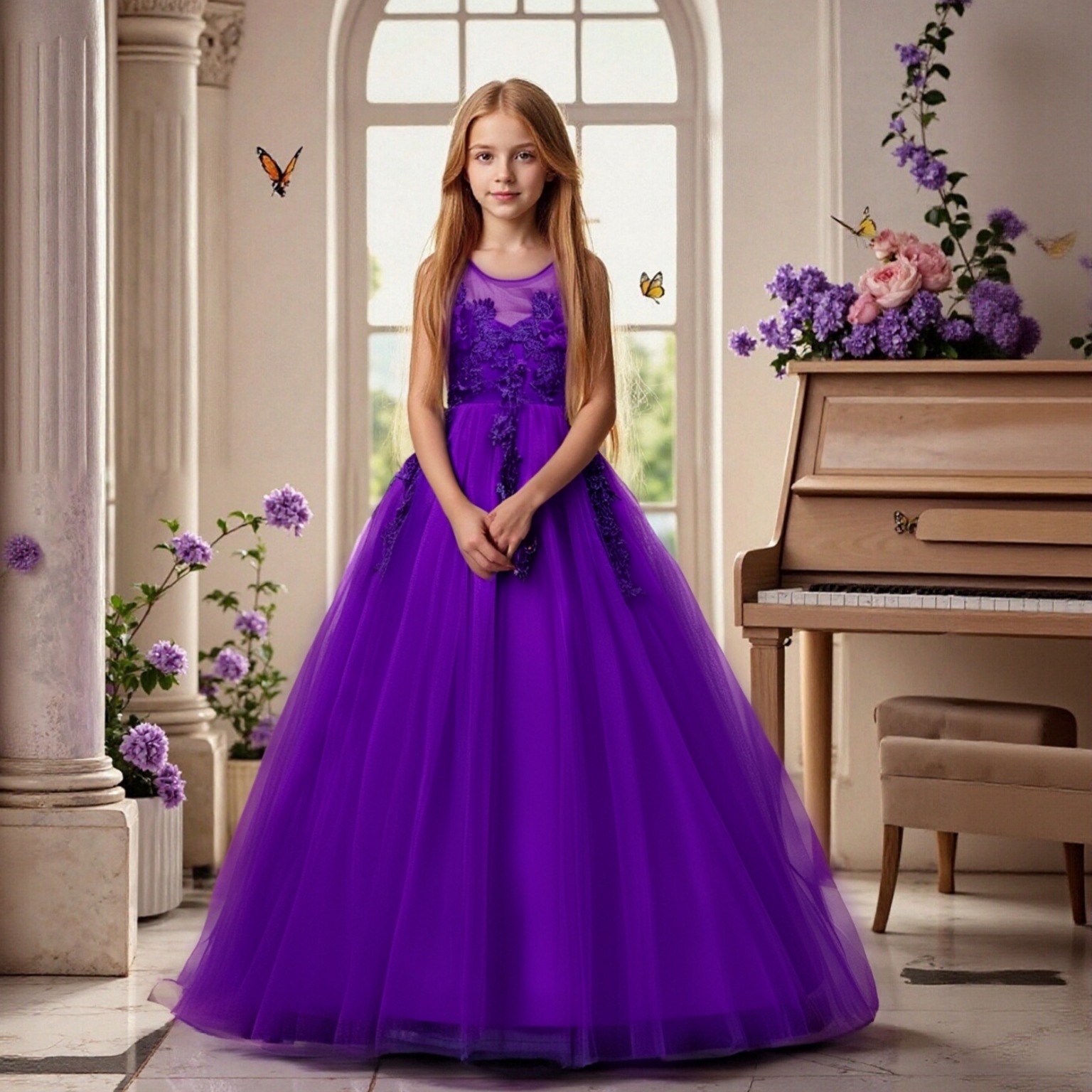 European and American popular mid size children's dress, long floral mesh princess puffy dress, lace dress, one piece hair replacement