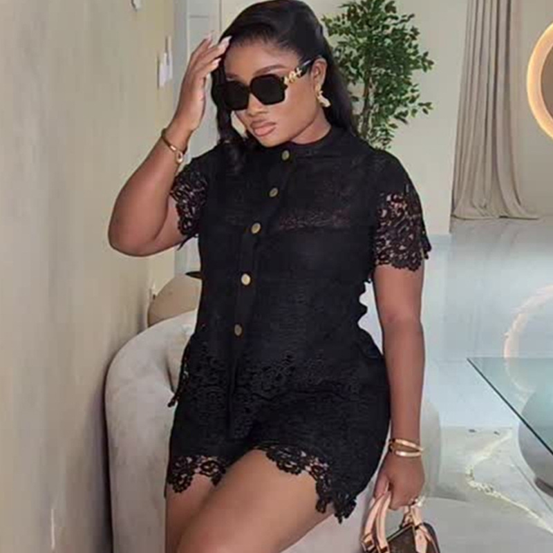 European and American cross-border women's clothing 2025 autumn new fashion round neck buckle lace short sleeved shirt high waisted shorts set